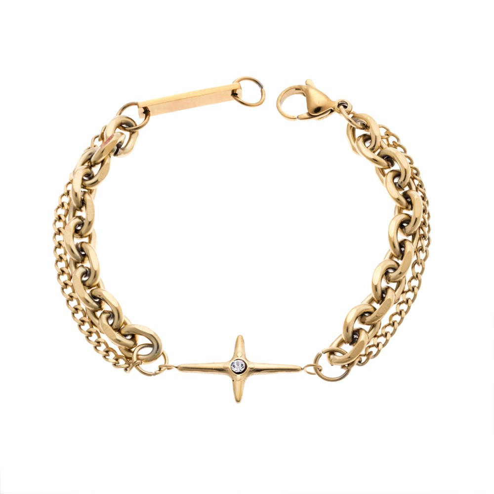 Βραχιόλι Senza Steel Gold Plated, Διπλό αλυσιδωτό με σταυρό - SSD5074GD