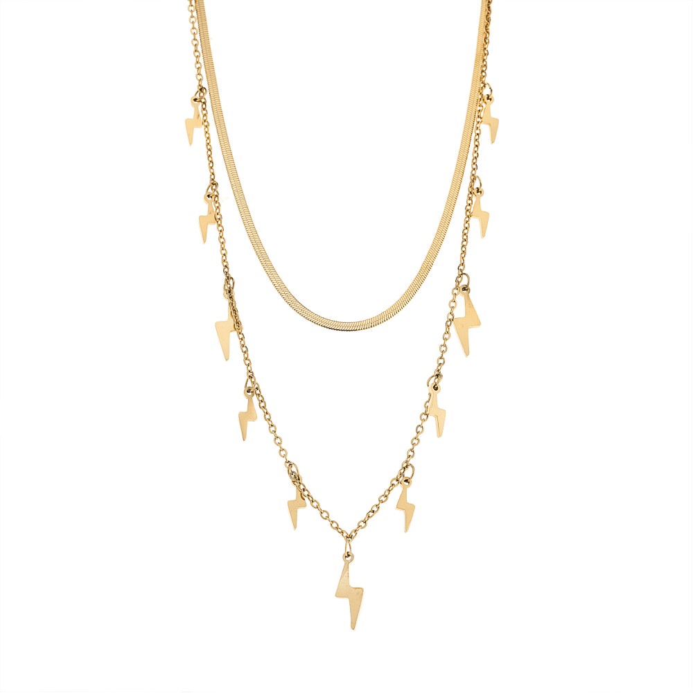 Κολιέ Senza Stainless Steel Gold Plated, Διπλή αλυσίδα με κρεμαστούς κεραυνούς - SSD5078GD