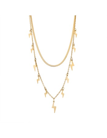 Κολιέ Senza Stainless Steel Gold Plated, Διπλή αλυσίδα με κρεμαστούς κεραυνούς - SSD5078GD
