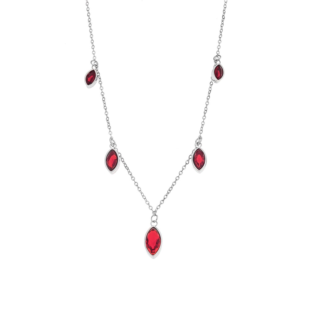 Κολιέ Senza Stainless Steel, Αλυσίδα με κρεμαστές κόκκινες πέτρες - SSD5093SRD