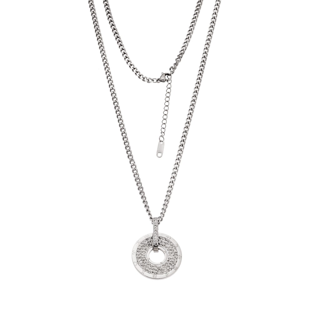 Κολιέ Senza Stainless Steel, Μακρύ με χοντρή αλυσίδα και στρογγυλό μοτίφ με strass - SSD5097SR