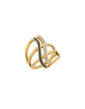 Δαχτυλίδι Senza Gold Plated Steel, φαρδύ με ασπρόμαυρες πέτρες - SSD5112GD