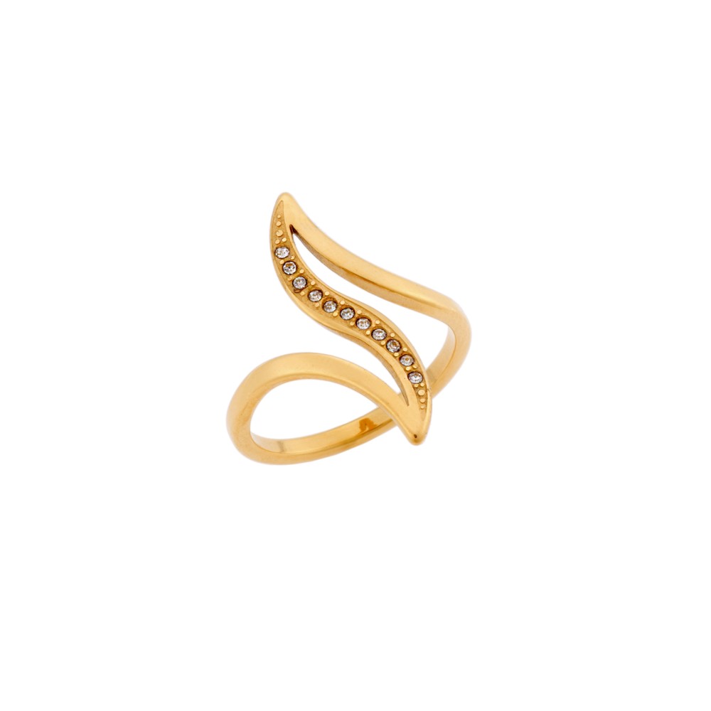 Δαχτυλίδι Senza Gold Plated Steel, φαρδύ με λευκές πέτρες - SSD5115GD