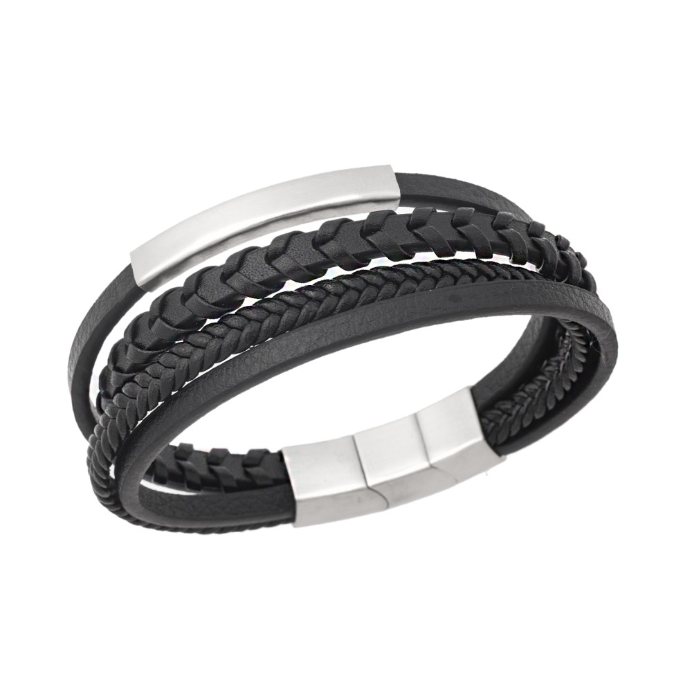 Βραχιόλι Senza Men's Steel Black Leather Strap - SSD5126SBK