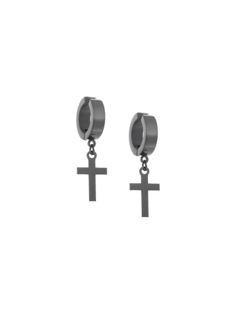 Σκουλαρίκια Γυναικεία SENZA κρίκος με κρεμαστό σταυρό (για μη τρυπημένα αυτιά) από Ατσάλι - SSD5184BK