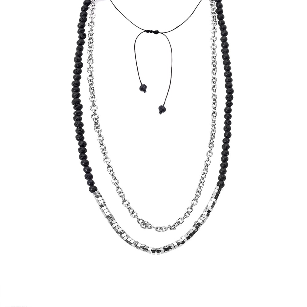 Κολιέ-Ροζάριο Unisex Senza Hematite & Lava Stones with Steel - SSD5186