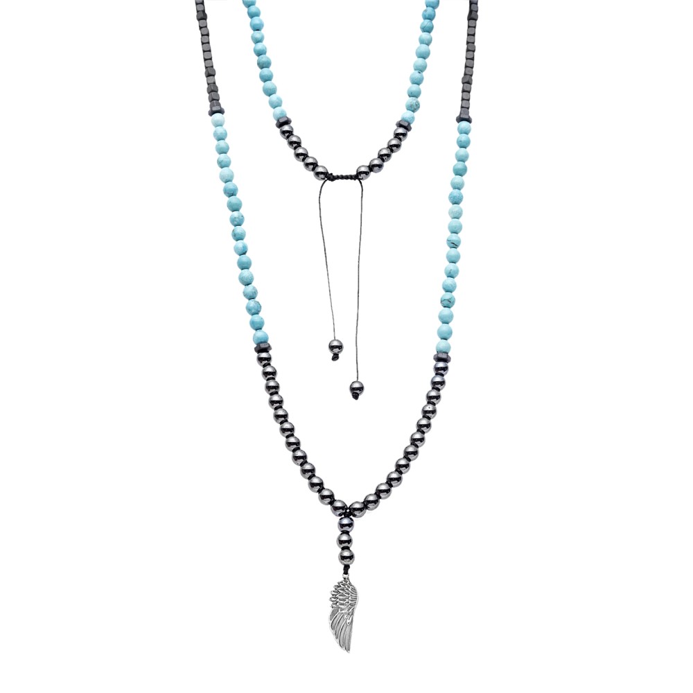Κολιέ-Ροζάριο Unisex Senza Hematite & Turquoise Stones with Steel - SSD5190-4
