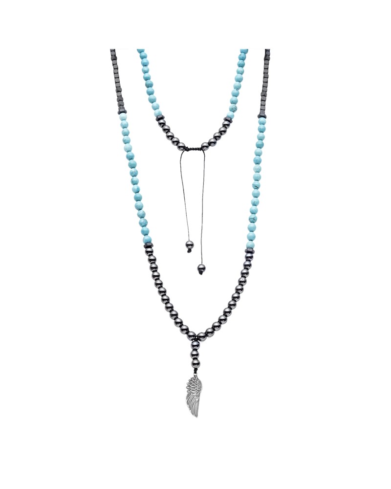 Κολιέ-Ροζάριο Unisex Senza Hematite & Turquoise Stones with Steel - SSD5190-4