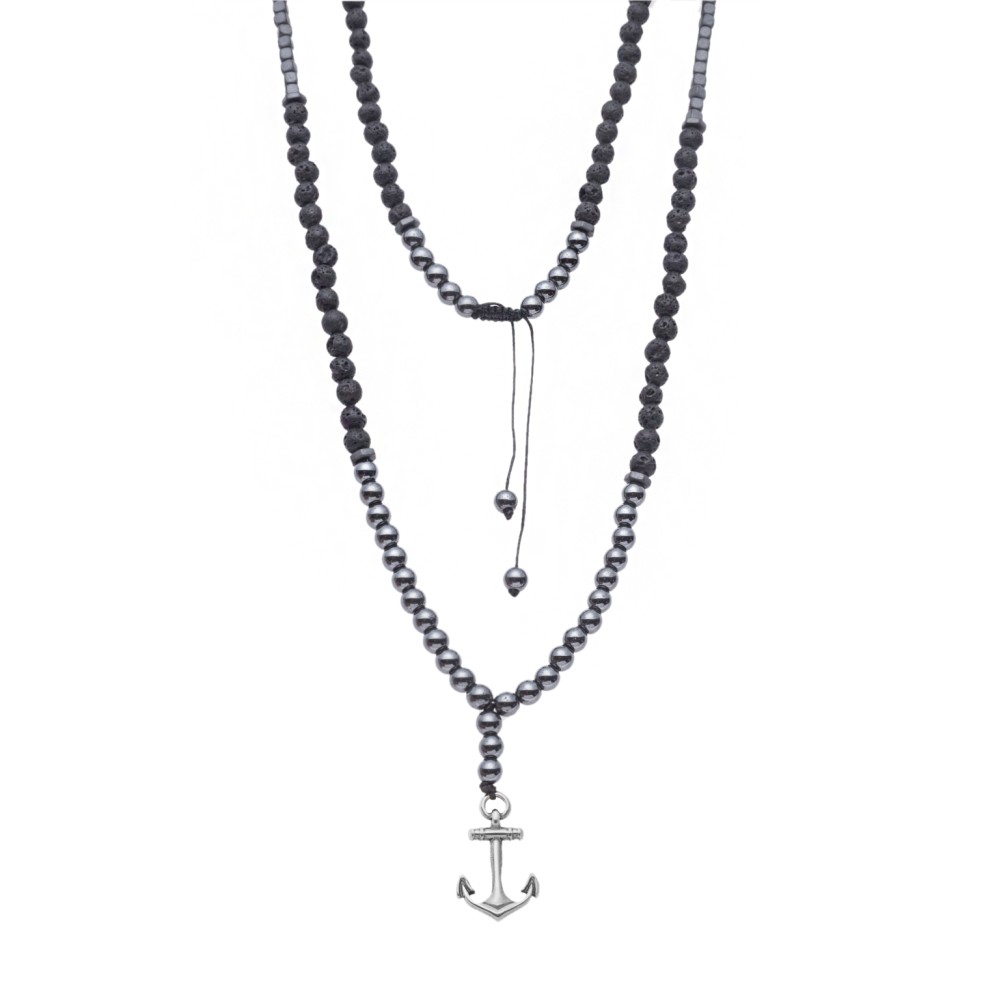 Κολιέ-Ροζάριο Unisex Senza Hematite & Lava Stones with Steel - SSD5191-1