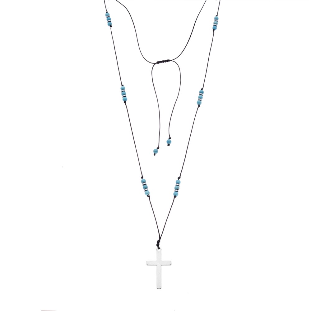 Κολιέ Unisex Senza Hematite & Turquoise Stones with Steel Cross - SSD5192TQ