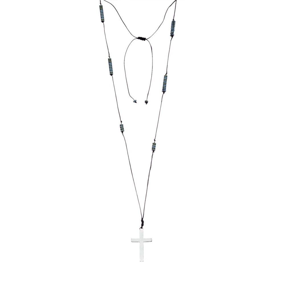 Κολιέ-Ροζάριο Unisex Senza Hematite Stones with Steel Cross - SSD5193GN