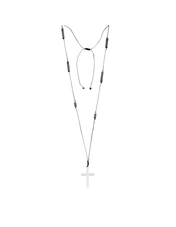 Κολιέ-Ροζάριο Unisex Senza Hematite Stones with Steel Cross - SSD5193GN