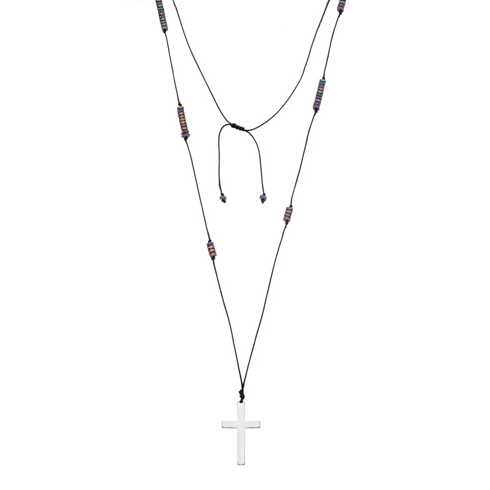 Κολιέ-Ροζάριο Unisex Senza Hematite Stones with Steel Cross - SSD5193MU