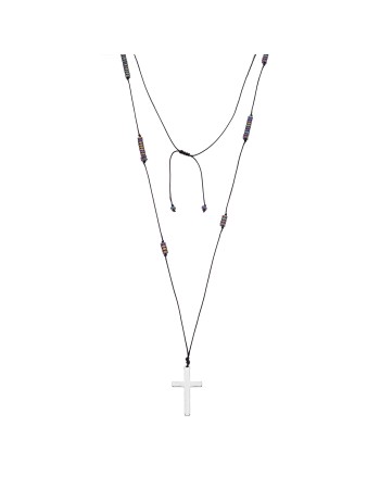 Κολιέ-Ροζάριο Unisex Senza Hematite Stones with Steel Cross - SSD5193MU