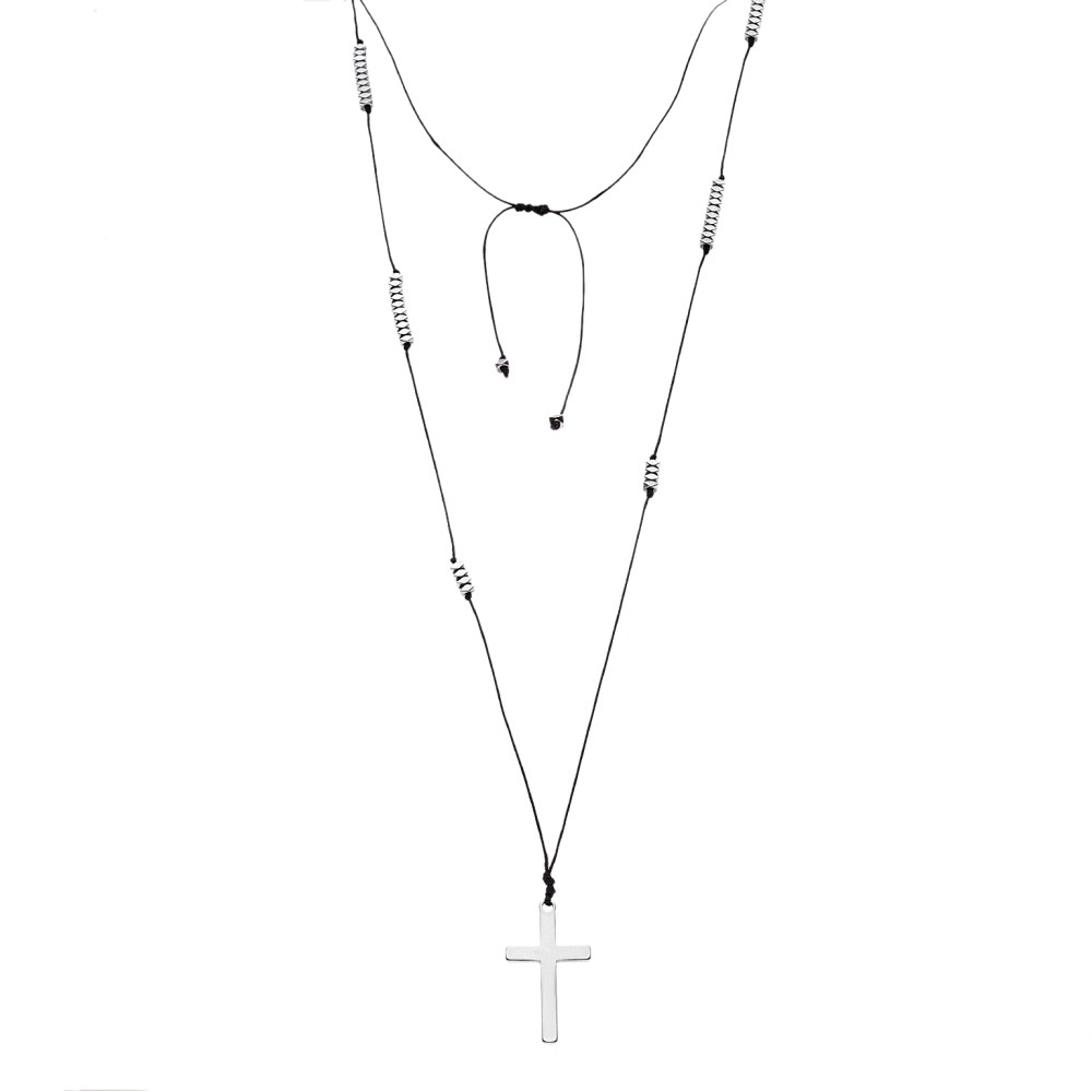 Κολιέ-Ροζάριο Unisex Senza Hematite Stones with Steel Cross - SSD5193SR