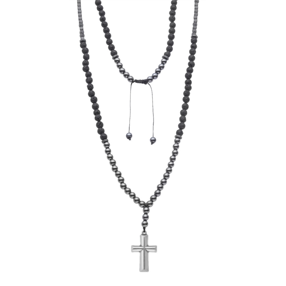 Κολιέ-Ροζάριο Unisex Senza Hematite & Lava Stones with Steel Cross - SSD5194-1