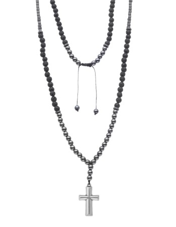 Κολιέ-Ροζάριο Unisex Senza Hematite & Lava Stones with Steel Cross - SSD5194-1