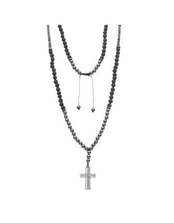 Κολιέ-Ροζάριο Unisex Senza Hematite & Lava Stones with Steel Cross - SSD5194-1