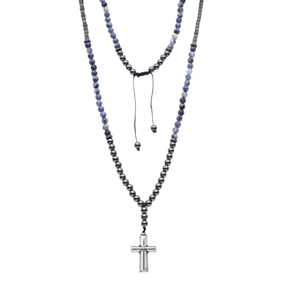Κολιέ-Ροζάριο Unisex Senza Hematite & Sodalite Stones with Steel Cross - SSD5194-2