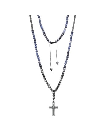 Κολιέ-Ροζάριο Unisex Senza Hematite & Sodalite Stones with Steel Cross - SSD5194-2