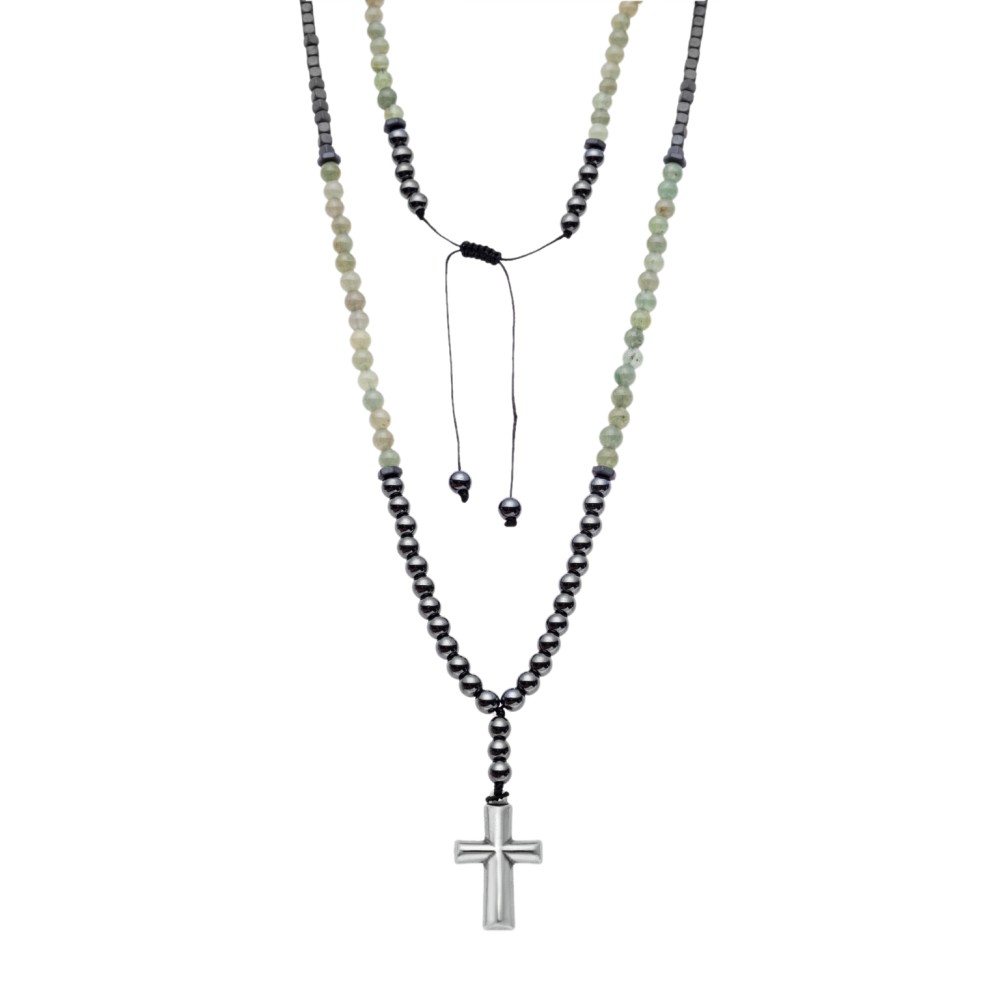 Κολιέ-Ροζάριο Unisex Senza Hematite & Aventurine Stones with Steel Cross - SSD5194-3