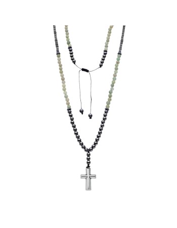 Κολιέ-Ροζάριο Unisex Senza Hematite & Aventurine Stones with Steel Cross - SSD5194-3