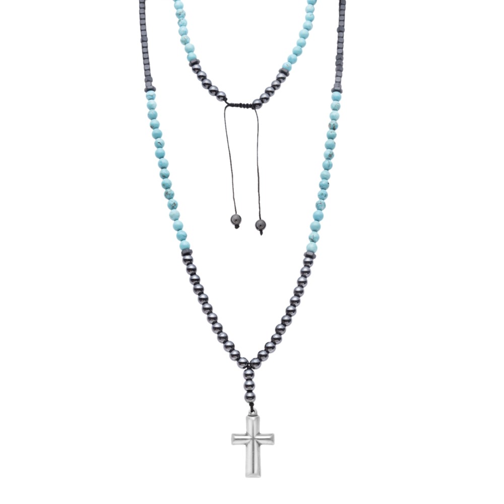 Κολιέ-Ροζάριο Unisex Senza Hematite & Turquoise Stones with Steel Cross - SSD5194-4