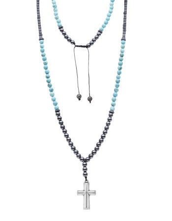 Κολιέ-Ροζάριο Unisex Senza Hematite & Turquoise Stones with Steel Cross - SSD5194-4