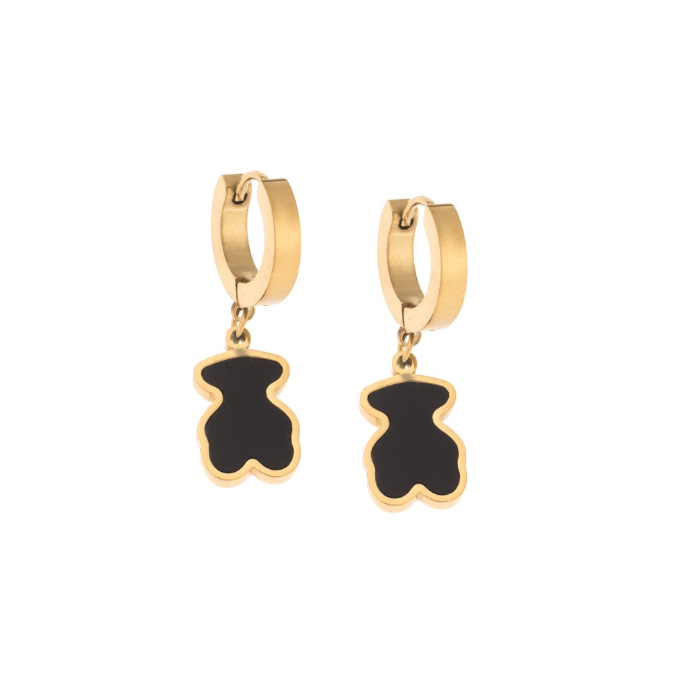 Σκουλαρίκια Γυναικεία SENZA κρίκοι από επιχρυσωμένο Ατσάλι με μαύρο αρκουδάκι - SSD5311GBK
