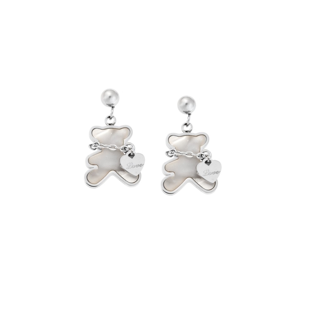 Σκουλαρίκια Γυναικεία SENZA από Ατσάλι με λευκό αρκουδάκι και καρδούλα - SSD5312SWH
