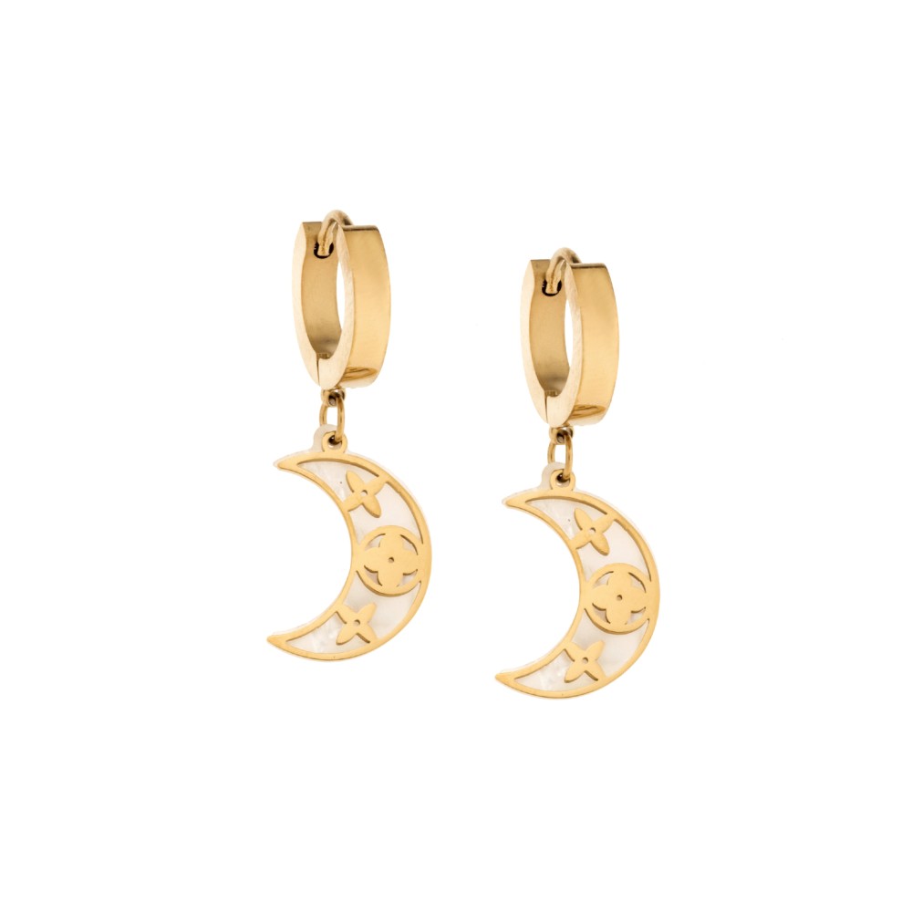 Σκουλαρίκια Γυναικεία SENZA κρίκοι από επιχρυσωμένο Ατσάλι με λευκό φεγγαράκι - SSD5314GWH