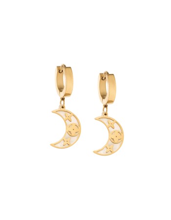 Σκουλαρίκια Γυναικεία SENZA κρίκοι από επιχρυσωμένο Ατσάλι με λευκό φεγγαράκι - SSD5314GWH