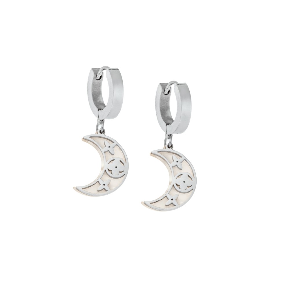 Σκουλαρίκια Γυναικεία SENZA κρίκοι από Ατσάλι με λευκό φεγγαράκι - SSD5314SWH