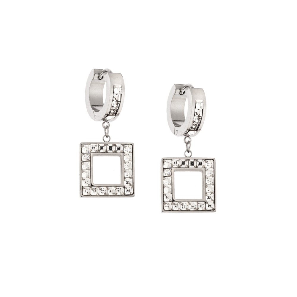 Σκουλαρίκια Γυναικεία SENZA κρίκοι από Ατσάλι, τετράγωνο με λευκές πέτρες - SSD5345SR