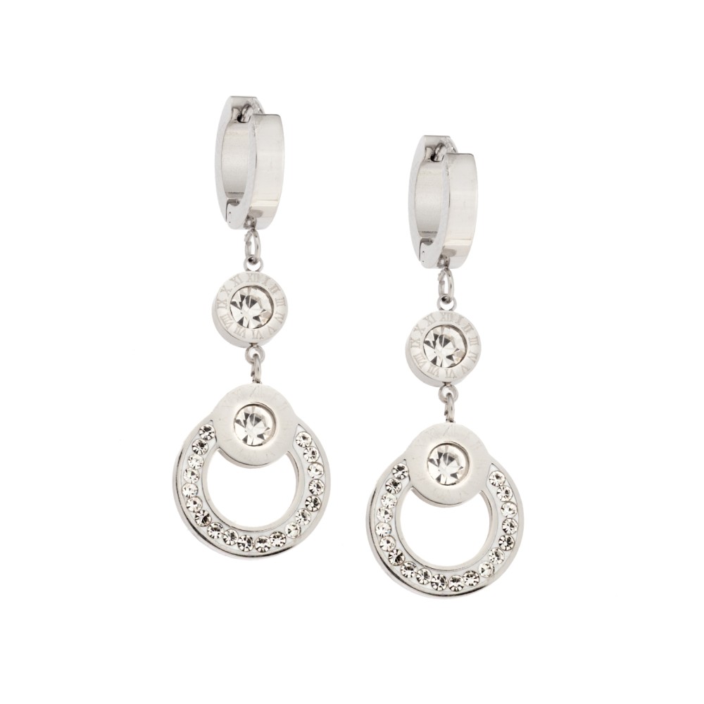 Σκουλαρίκια Γυναικεία SENZA κρίκοι από Ατσάλι, κύκλος με λευκές πέτρες - SSD5347SR