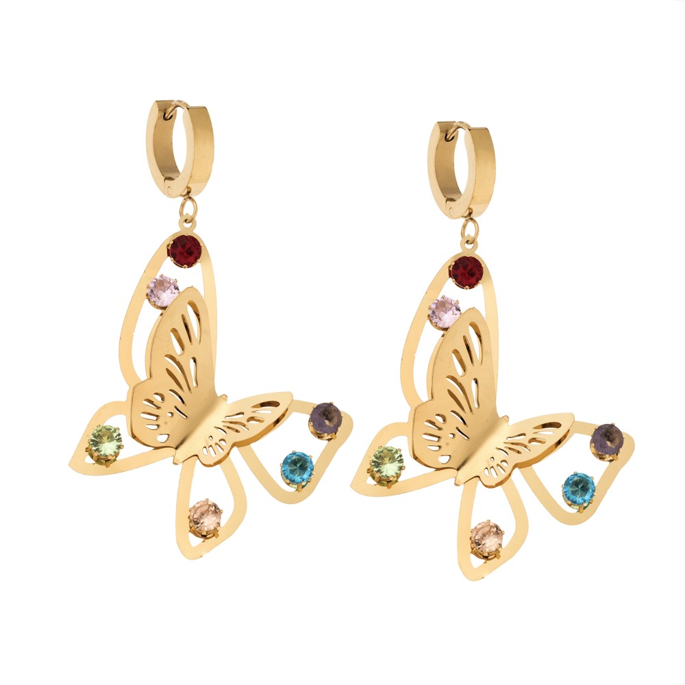 Σκουλαρίκια Γυναικεία SENZA κρίκοι από επιχρυσωμένο Ατσάλι, διπλή πεταλούδα με πολύχρωμες πέτρες - SSD5350GMU