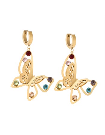 Σκουλαρίκια Γυναικεία SENZA κρίκοι από επιχρυσωμένο Ατσάλι, διπλή πεταλούδα με πολύχρωμες πέτρες - SSD5350GMU