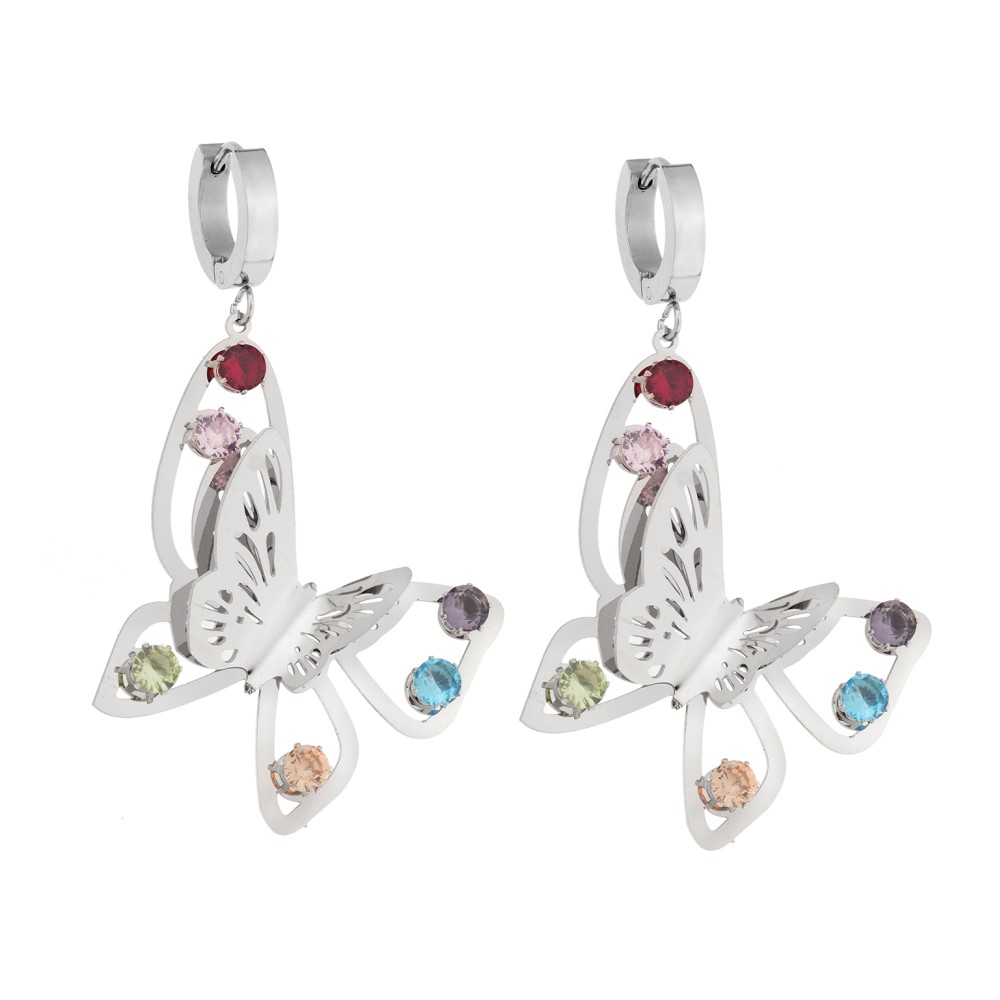 Σκουλαρίκια Γυναικεία SENZA κρίκοι από Ατσάλι, διπλή πεταλούδα με πολύχρωμες πέτρες - SSD5350SMU