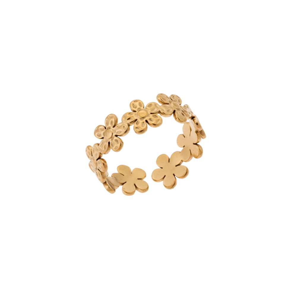 Δαχτυλίδι Senza Gold Plated Steel, με άνοιγμα και ανάγλυφες μαργαρίτες - SSD5377GD