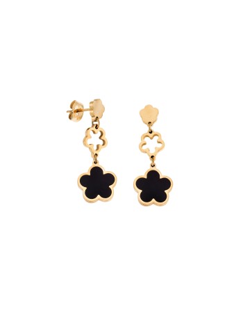 Σκουλαρίκια Γυναικεία SENZA Gold Plated Steel, Λουλούδι με Μαύρο Φίλντισι - SSD5408GD