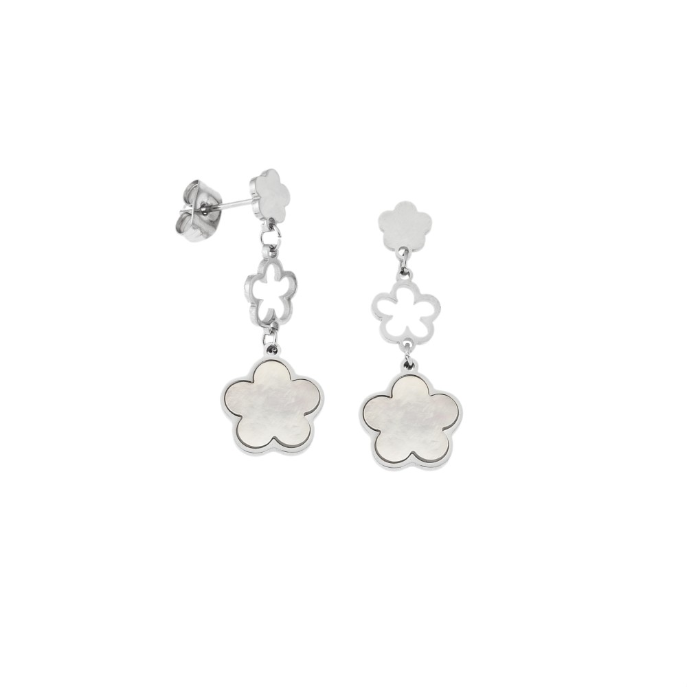 Σκουλαρίκια Γυναικεία SENZA Από Ατσάλι, Λουλούδι με Λευκό Φίλντισι - SSD5408SR