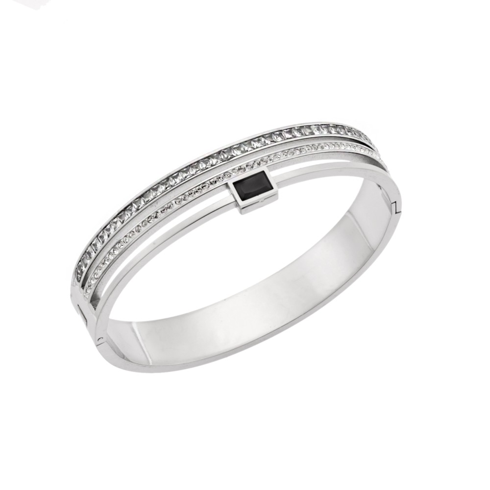 Βραχιόλι Senza Steel, Χειροπέδα με μαύρη πέτρα και λευκά strass - SSD5473SBK