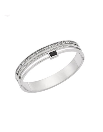 Βραχιόλι Senza Steel, Χειροπέδα με μαύρη πέτρα και λευκά strass - SSD5473SBK