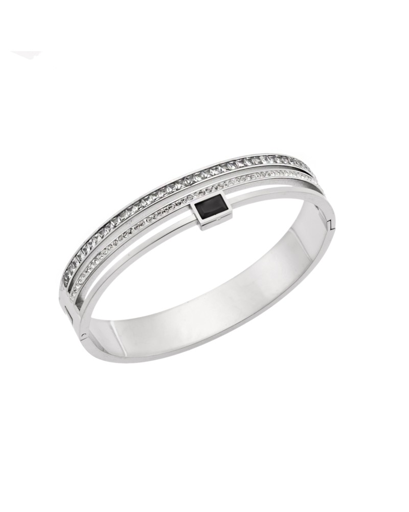 Βραχιόλι Senza Steel, Χειροπέδα με μαύρη πέτρα και λευκά strass - SSD5473SBK