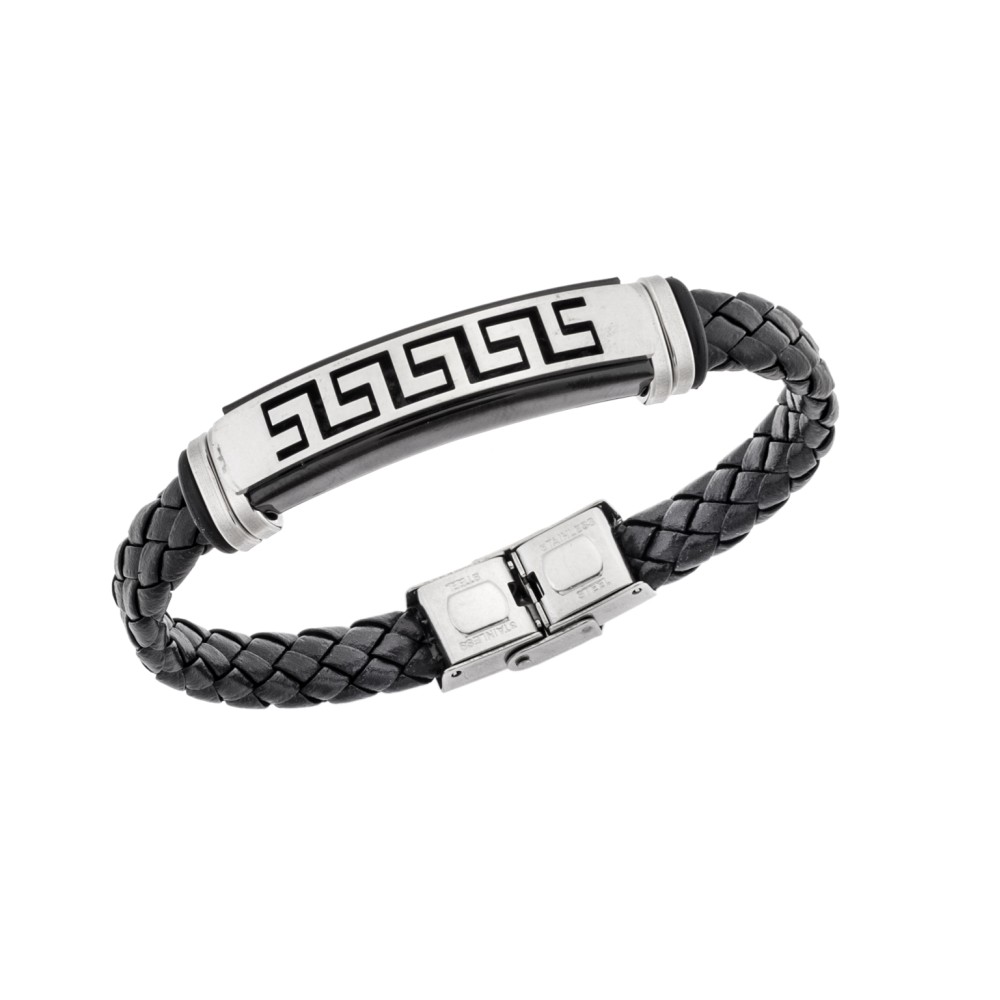 Βραχιόλι Senza Men's Steel, Ατσάλι με μαίανδρο και μαύρη δερματίνη - SSD5479SBK