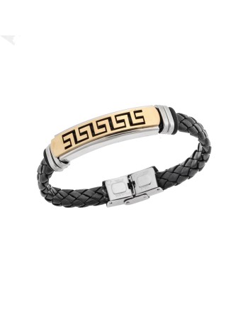 Βραχιόλι Senza Men's Steel, Ατσάλι με μαίανδρο και μαύρη δερματίνη - SSD5479SGD