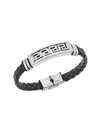 Βραχιόλι Senza Men's Steel, Ατσάλι με μαίανδρο και μαύρη δερματίνη - SSD5480SR