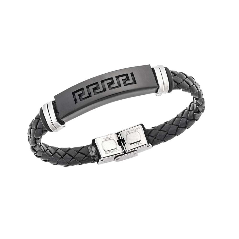 Βραχιόλι Senza Men's Steel, Ατσάλι με μαίανδρο και μαύρη δερματίνη - SSD5481SBK
