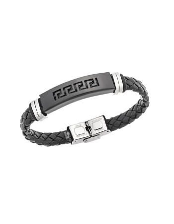 Βραχιόλι Senza Men's Steel, Ατσάλι με μαίανδρο και μαύρη δερματίνη - SSD5481SBK