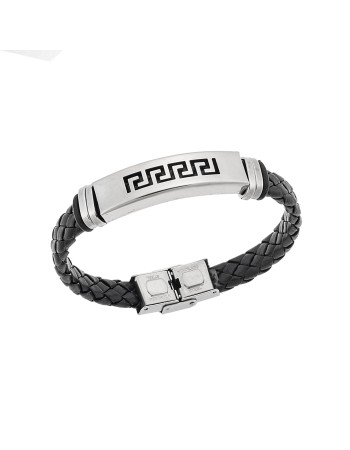 Βραχιόλι Senza Men's Steel, Ατσάλι με μαίανδρο και μαύρη δερματίνη - SSD5481SR